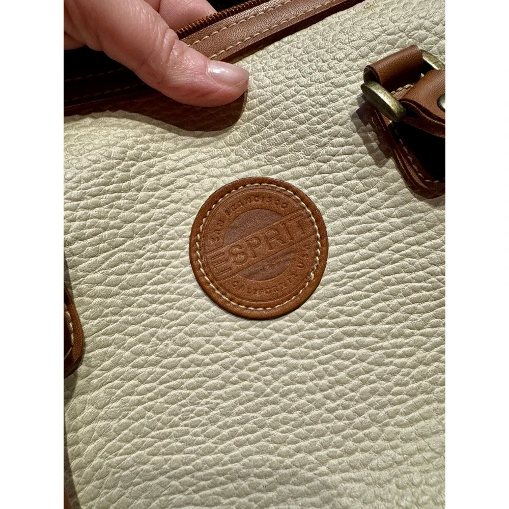 Esprit Cream Pebble Grain Satchel Bag Tan Leather Trim Top Handle - Picture 10 of 10